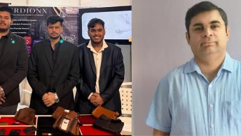 Left: Founders Nimitt, Aarav, and Om presenting their bio-leather. Right: Mentor Dr. Varun Vyas leading the plant-based leather vision