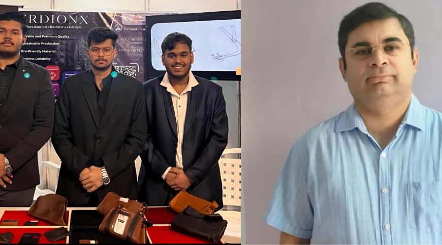 Left: Founders Nimitt, Aarav, and Om presenting their bio-leather. Right: Mentor Dr. Varun Vyas leading the plant-based leather vision