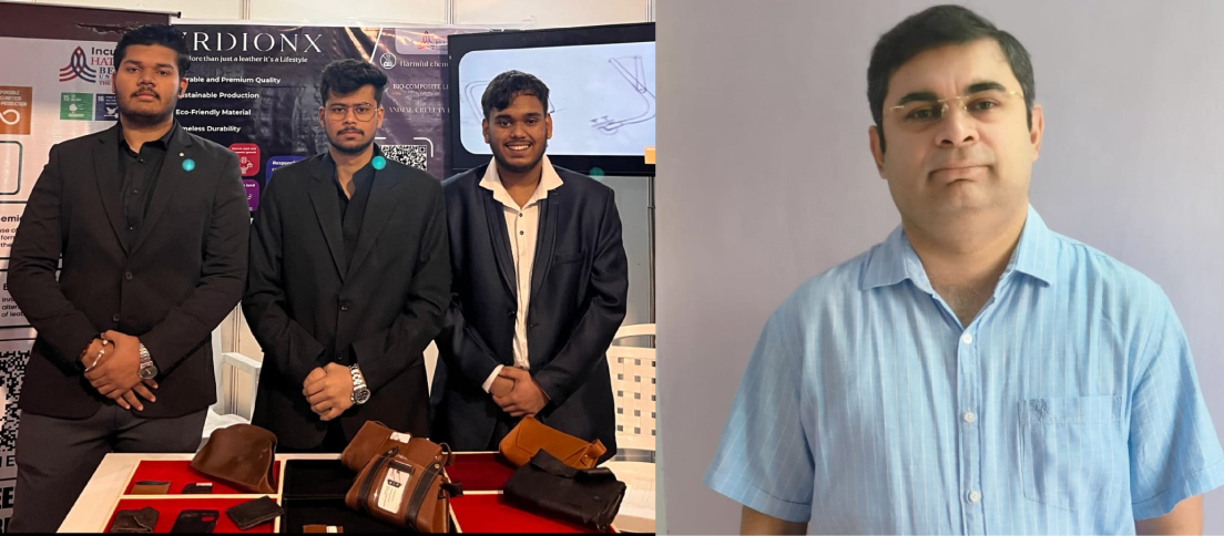 Left: Founders Nimitt, Aarav, and Om presenting their bio-leather. Right: Mentor Dr. Varun Vyas leading the plant-based leather vision